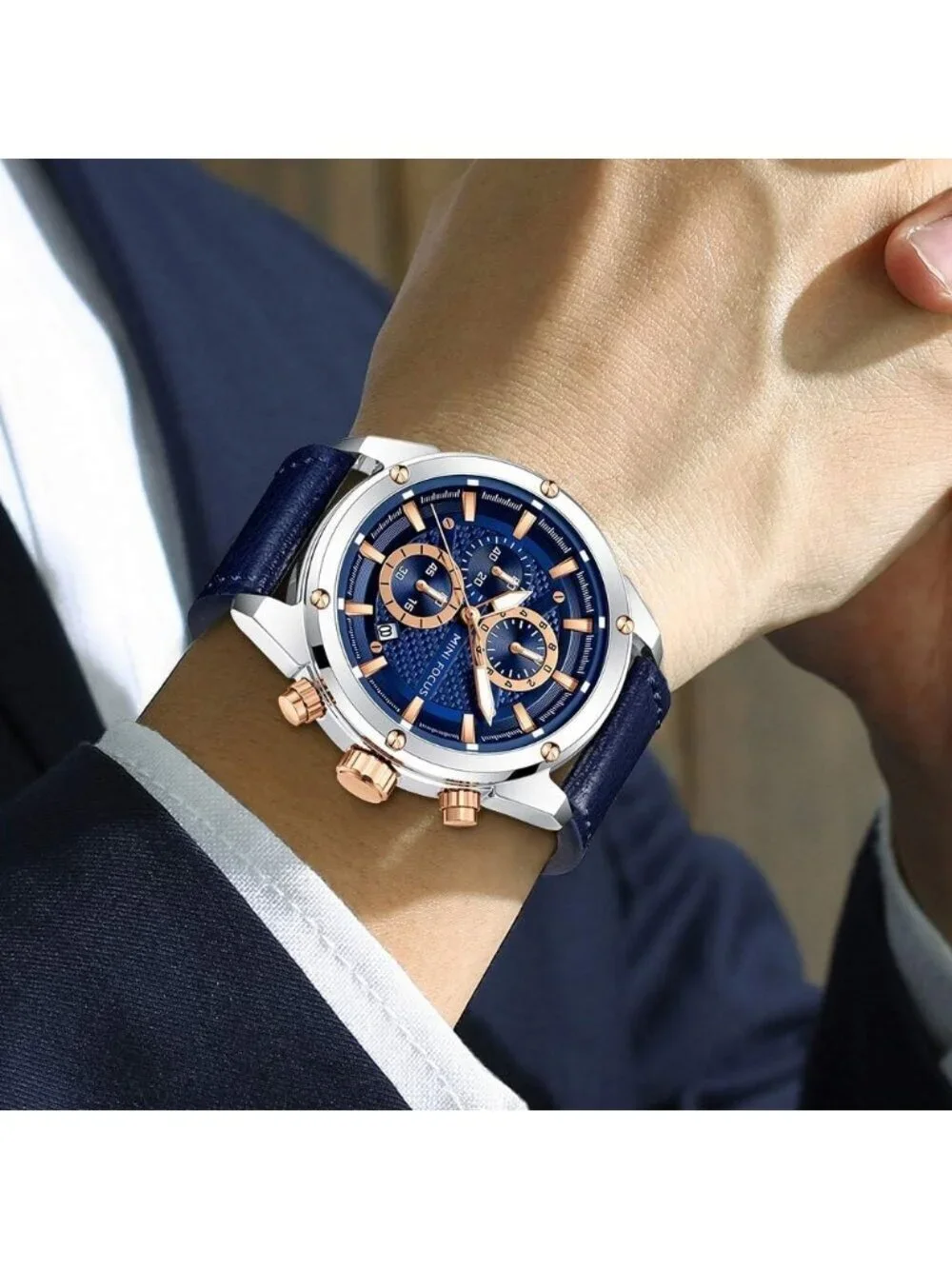 Men's Blue Leather Band Multifunction Waterproof Luminous Casual Wrist Watch